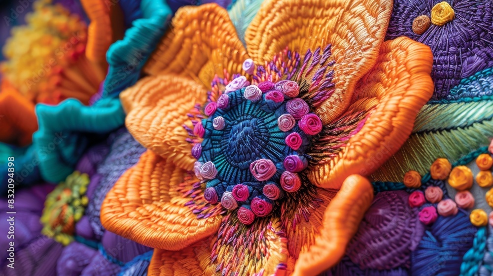 Obraz premium Vibrant Color Explosion in Intricate Machine Embroidery Artistry