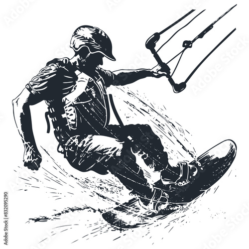 Man riding a wakeboard on the waves,  vector illustration