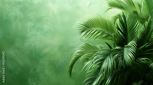 An artistic rendering of a lush green palm tree against a textured dark green background.