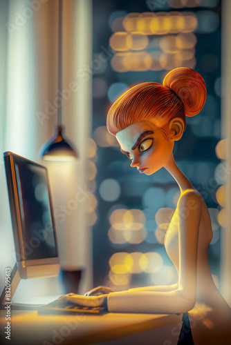 Angry secretary assistant looking at computer, vertical poster