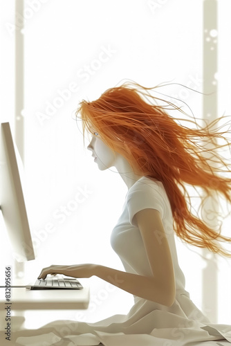 vertical 3D illustration with a red-haired woman designer working at a computer