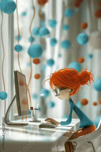 Red-haired business woman designer working at a computer in a modern office, vertical 3D poster