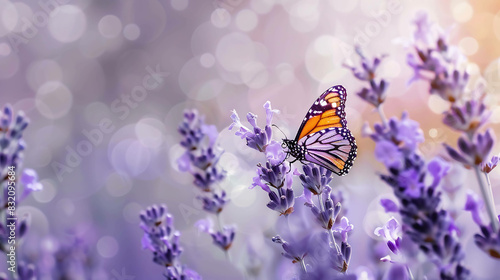 A beautiful orange butterfly sits on a lavender flower in a field of lavender.