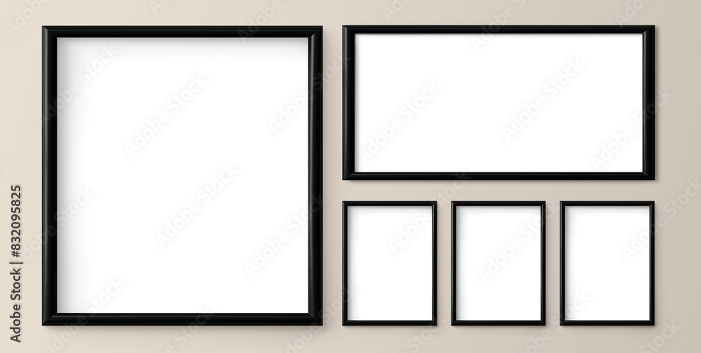 Black picture frame mockups hanging on a beige wall Black picture frame mockups hanging on a beige wall