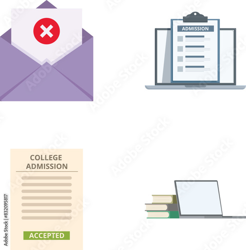 Set of four flat icons representing college admission application, acceptance, and rejection