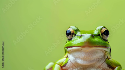 A cute green frog is sitting on a leaf. The frog is looking at the camera with its big, round eyes. The frog's skin is smooth and shiny. photo