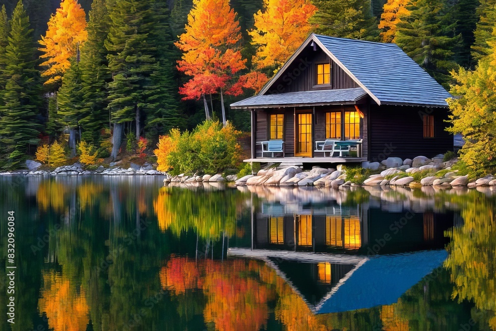 Cabin oasis in the midst of autumn's vibrant palette. A picturesque autumn landscape. Cabin oasis in the midst of autumn's vibrant palette. A picturesque autumn landscape.