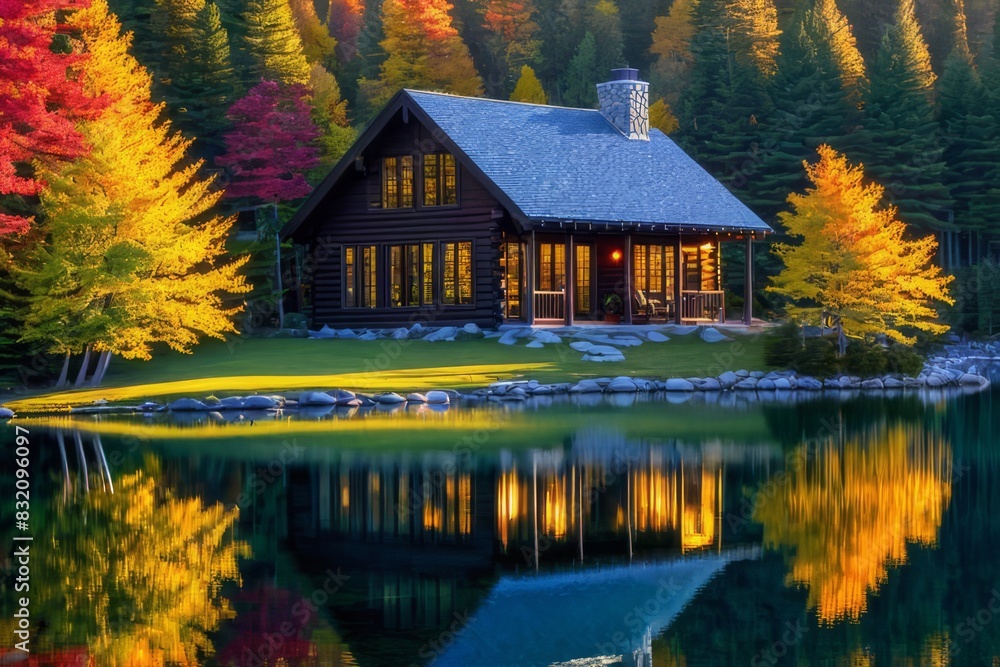 Fototapeta premium Cabin oasis in the midst of autumn's vibrant palette. A picturesque autumn landscape.