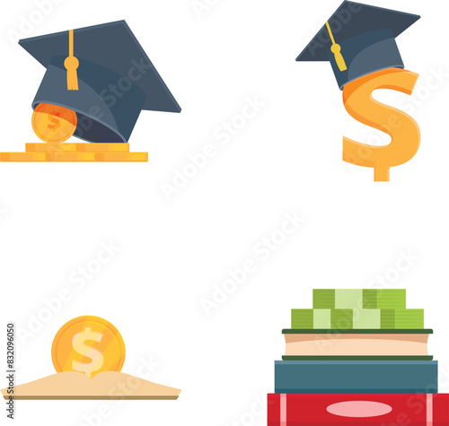 Illustration set showing the concept of investing in education with money and graduation symbols