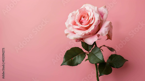 A beautiful pink rose in full bloom against a pink background. The rose has velvety petals and dark green leaves.