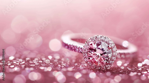 Close up of a beautiful diamond engagement ring with a pink background. photo