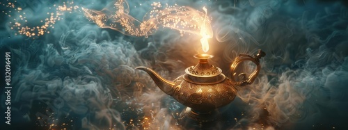 A magical genie lamp with smoke and light emanating from it.