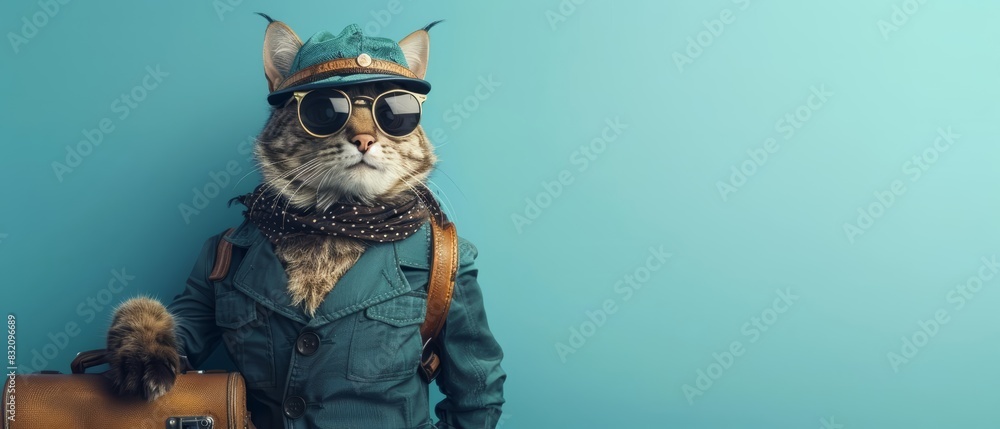 A bobcat in a pilots uniform with a hat and aviator sunglasses, standing next to a small suitcase, against a sky blue background with copy space A bobcat in a pilots uniform with a hat and aviator sunglasses, standing next to a small suitcase, against a sky blue background with copy space