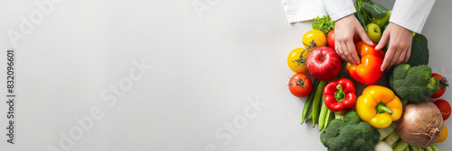 Overhead view of a nutritionist s hands sorting a variety of colorful fresh vegetables and fruits  representing a balanced diet