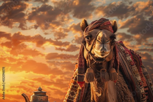 A camel dressed as a nomad with a turban and robe, standing next to a water jug, against a desert sunset background with copy space
