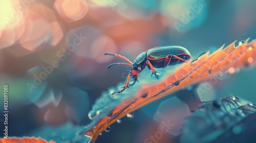 A closeup of a charismatic concept of an insect, a beetle with mechanical legs, crawling on a digital leaf with a blurry background, pastel styles, and closeup cinematic sharpen photo