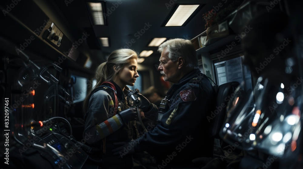 Two firefighters in protective uniform are sitting inside a fire truck, facing away from the camera, prepared to respond to an emergency Two firefighters in protective uniform are sitting inside a fire truck, facing away from the camera, prepared to respond to an emergency