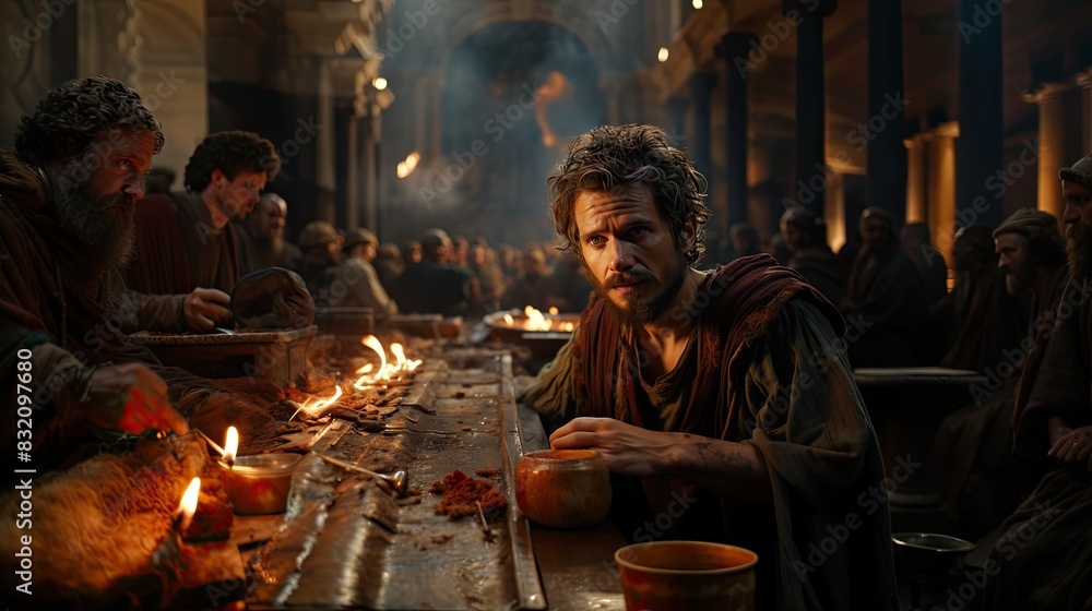 custom made wallpaper toronto digitalAn atmospheric scene depicting an ancient banquet with dynamic lighting, emphasizing communal dining