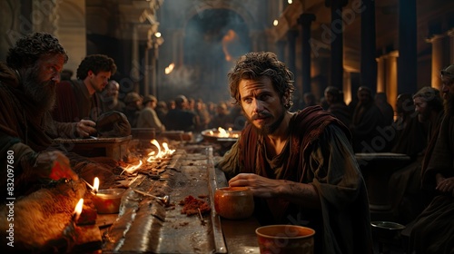 Wallpaper Mural An atmospheric scene depicting an ancient banquet with dynamic lighting, emphasizing communal dining Torontodigital.ca