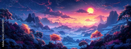 2D illustration of vibrant colors sunset to bring this world to life. photo