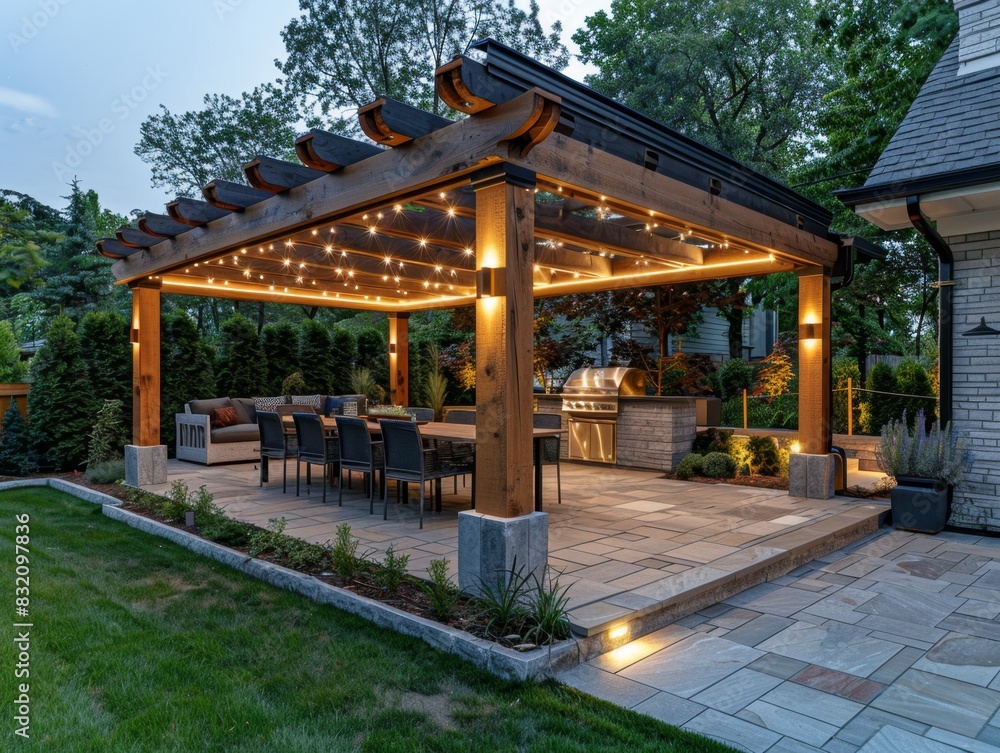Naklejka premium Integrated Lighting with Recessed LED and Strip Lights in Pergola