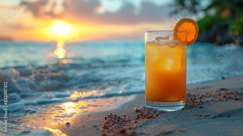 glass of cocktail stands on sand against backdrop of tropical sea. idea of summer vacation