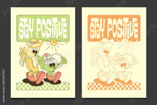 retro 70s posters or graphic t-shirt templates with funny fruits cartoon characters, vector illustration