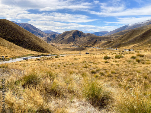 Highway 8 through the Lindis Valley, Southern Alps, South Island, New Zealand, Pacific photo