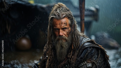 Wallpaper Mural A grizzled warrior is portrayed with a piercing gaze, wet hair, and detailed armor during a heavy rain scene Torontodigital.ca