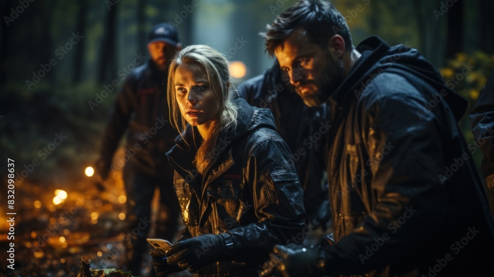 Three people in a night forest with tense expressions, one holding a flashlight Three people in a night forest with tense expressions, one holding a flashlight