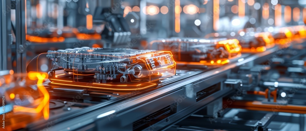 A closeup of an assembly line producing electric car batteries A closeup of an assembly line producing electric car batteries