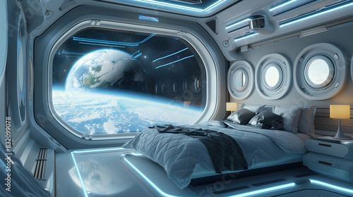 Futuristic Science Fiction Bedroom Interior with Planet Earth View in Space Station  3D Rendering
