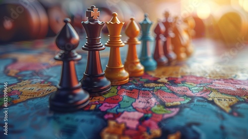 Chess pieces on a world map, symbolizing geopolitical movement, digital illustration, vibrant colors, high detail, strategic atmosphere 8K , high-resolution, ultra HD,up32K HD