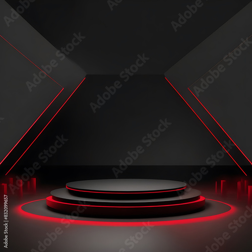 red light round podium and black background for mock up