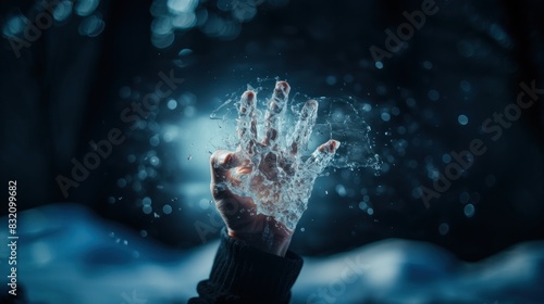 A human hand captures the moment of a water balloon burst with water particles suspended midair photo