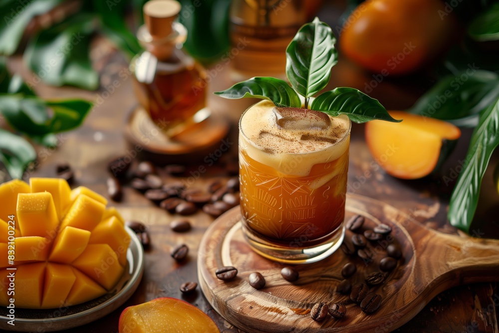 beautiful background with mango and drink beautiful background with mango and drink
