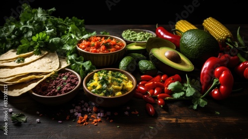 Colorful Mexican food ingredients, including avocado, salsa, and tortillas, presented on a rustic wooden table