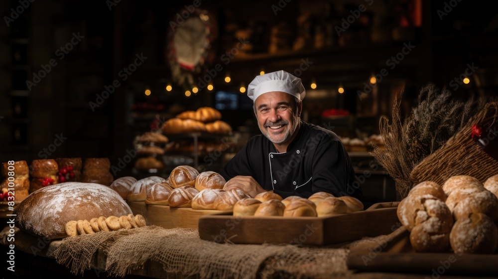 An inviting portrait of a baker proudly presenting an assortment of freshly baked bread in a rustic bakery