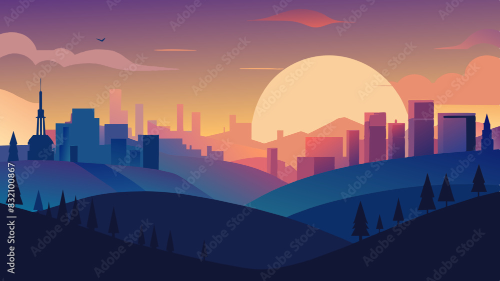 Vector Sunset over Eco-Friendly Environment City and Town with Rolling Hills Vector Sunset over Eco-Friendly Environment City and Town with Rolling Hills