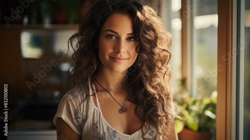 A stunning image captures a woman with luscious curls and piercing gaze amidst a light-drenched setting