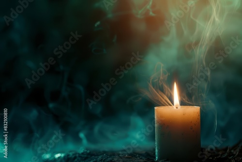 A single candle with imaginative elements, a unique background, and advanced themes to evoke a sense of wonder with a blurry backdrop and copy space