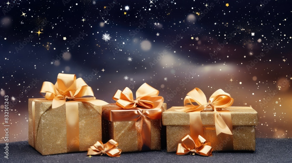 gifts with golden bows and ribbons placed on background near stars with copy space gifts with golden bows and ribbons placed on background near stars with copy space
