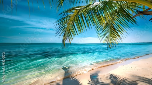 Tropical beach with crystal clear water and palm trees. Relaxing scene for vacation and travel ideas. Perfect for nature lovers. AI © Irina Ukrainets