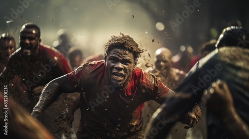 A rugby player with fierce expression running through the mud in a dynamic, action-packed sports moment