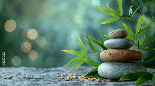 Photo of A stack of stones and bamboo leaves on wooden table