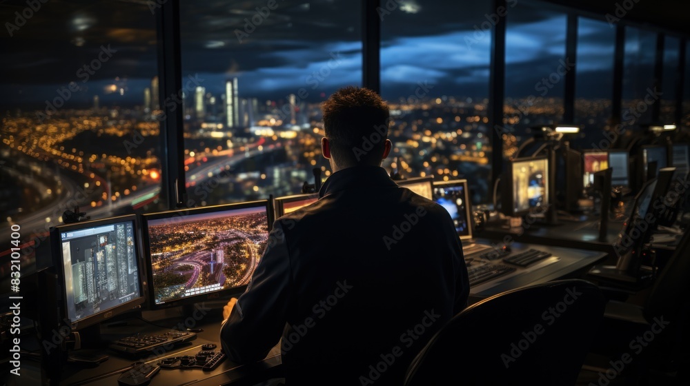 Fototapeta premium A control room operator is focused on monitoring security screens overlooking an illuminated night city