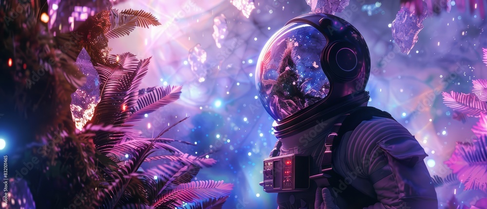 Abstract modern art collage portrait of a futuristic astronaut exploring an alien landscape filled with exotic plants and glowing crystals Abstract modern art collage portrait of a futuristic astronaut exploring an alien landscape filled with exotic plants and glowing crystals