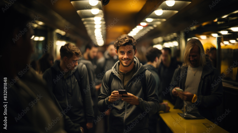 A young man smiles as he uses his phone on a busy subway car surrounded by other passengers A young man smiles as he uses his phone on a busy subway car surrounded by other passengers