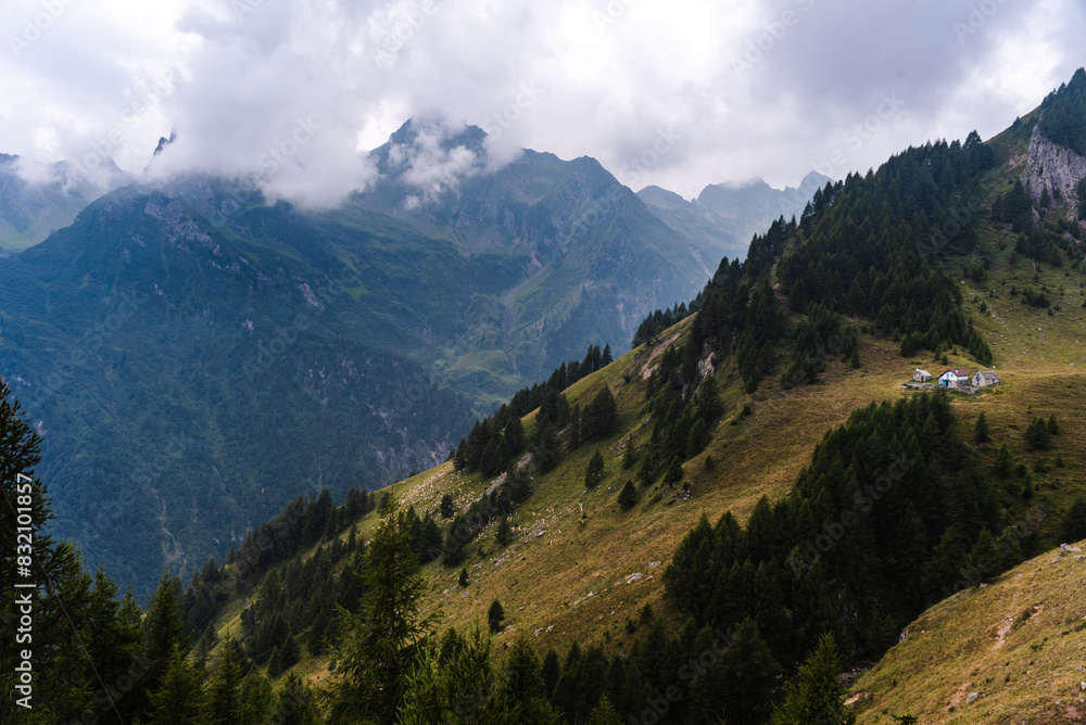 Summer Alpine slopes with meadows and forest, and idyllic mountain hut to welcome hikers, Italian Alps, Italy Summer Alpine slopes with meadows and forest, and idyllic mountain hut to welcome hikers, Italian Alps, Italy