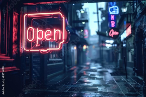 Neon 'Open' Sign Illuminating Rainy City Street at Night